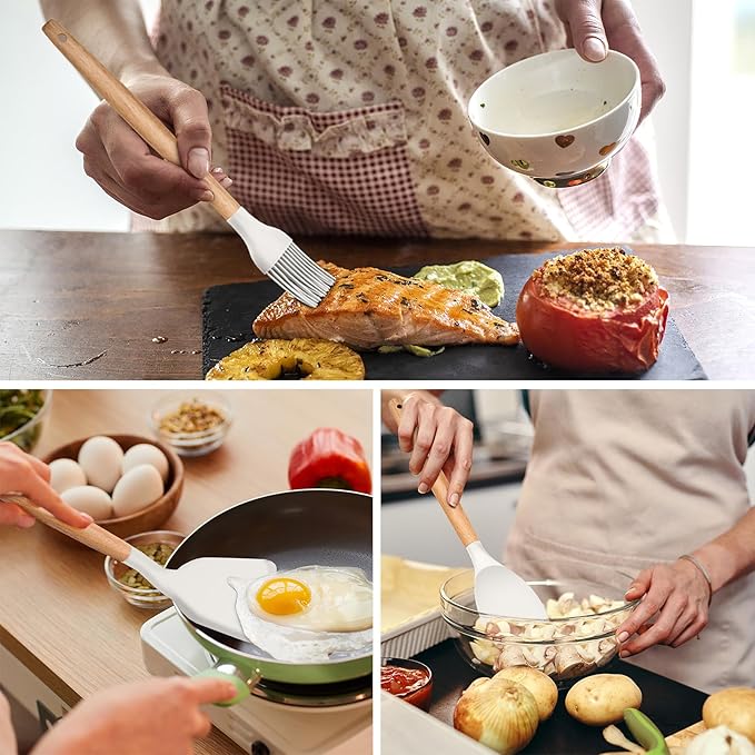 E-far Kitchen Utensils Set of 12, Silicone Cooking Utensils with Holder, Non-stick Cookware Friendly & Heat Resistant, Includes Spatula Tong Whisk Ladle Brush Slotted Turner Spoon (White)