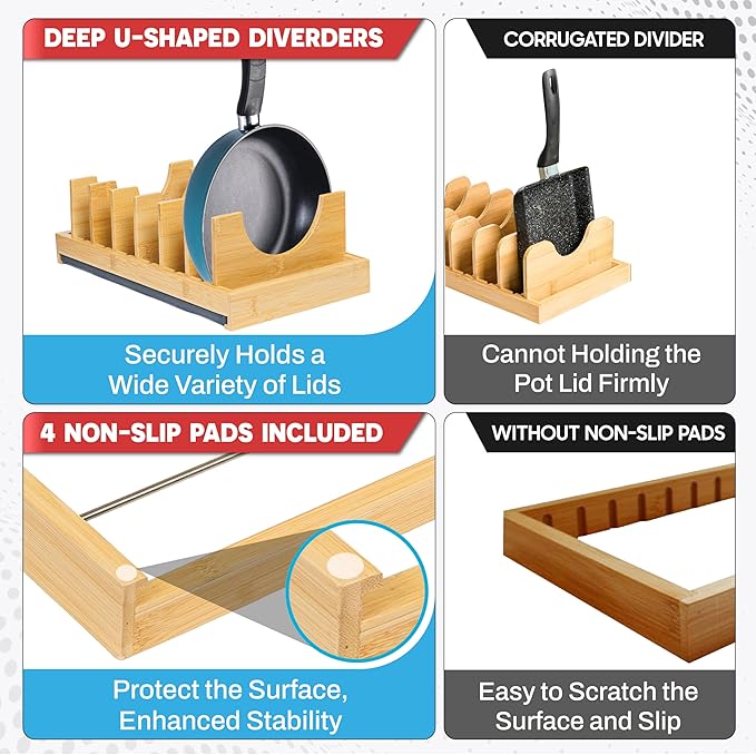 [Upgraded] Bamboo Pots and Pans Organizer under Cabinet, Bakeware and Cutting Board Organizers with Diatomaceous Earth Base & 7 PCS Adjustable Dividers, Tray Organizer for Kitchen Storage