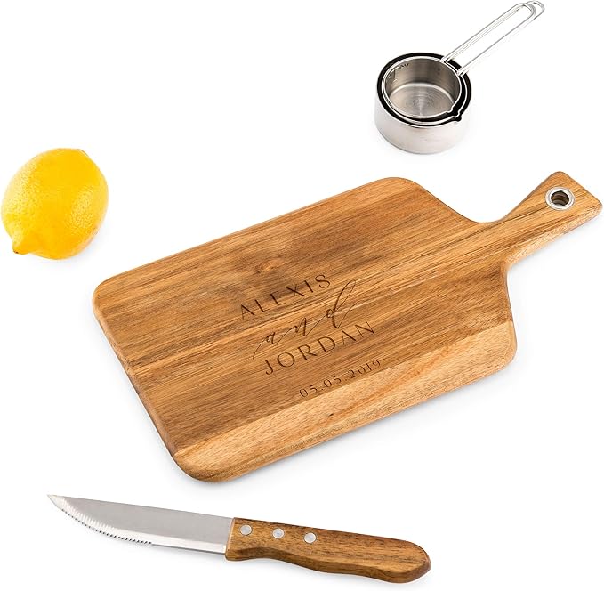 Weddingstar Personalized Wooden Paddle Cutting Board or Serving Board With Handle 13.5" x 6.5" - Modern Couple Etching