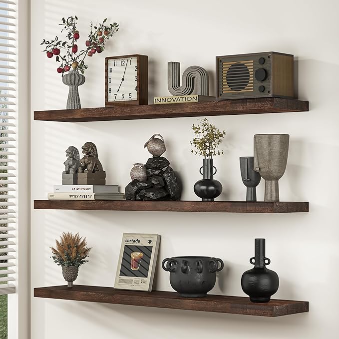 Fun Memories Floating Shelves for Wall Set of 2, Rustic Solid Elm Wood Wall Shelves 36 Inch - Invisible Bracket Mount for Living Room, Bathroom, Bedroom, Kitchen, Walnut