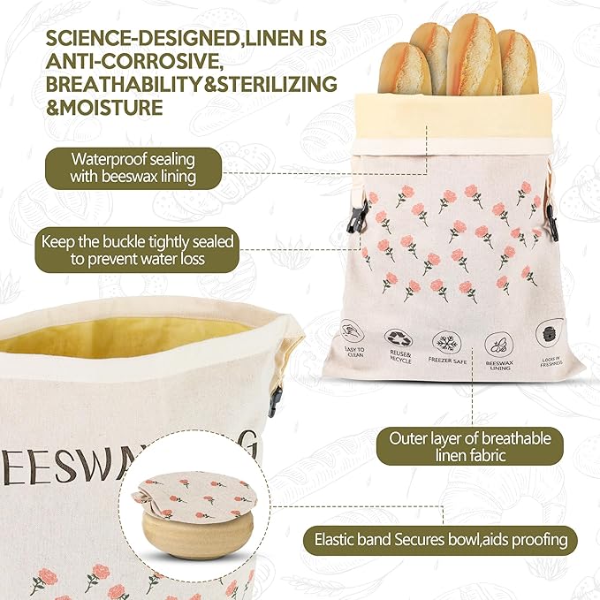 2-Pack Reusable Beeswax Bread Bags for Homemade Bread Sourdough, 2 Natural Beeswax 100% Linen Moisture-proof Lined Storage Bags with Buckle& 1 Bowl Covers –Easy to Clean,Safe,Keeps Bakes Fresh Longer