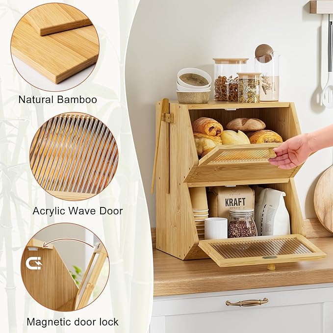 WOWLIVE Double Layer Bread Box for Kitchen Countertop, Large Bamboo Bread Storage Container for Homemade Bread, Farmhouse Bread Holder for Kitchen Counter Cabinet, Pantry, Cupboard (Natural, Medium)