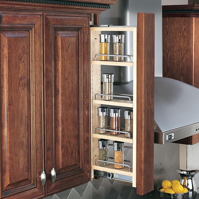 Rev-A-Shelf Kitchen Cabinet Pullout Wall Filler Wooden Organizer Slide Out Pantry Storage w/Soft-Close in Multiple Sizes, 3 x 33 In, 432-WFBBSC33-3C