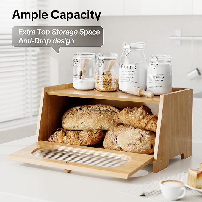 Bamboo Bread Box for Kitchen Countertop,Large Capacity Kitchen Countertop Organizer,Bread Storage with Acrylic Window for Cabinet,Pantry,Cupboard