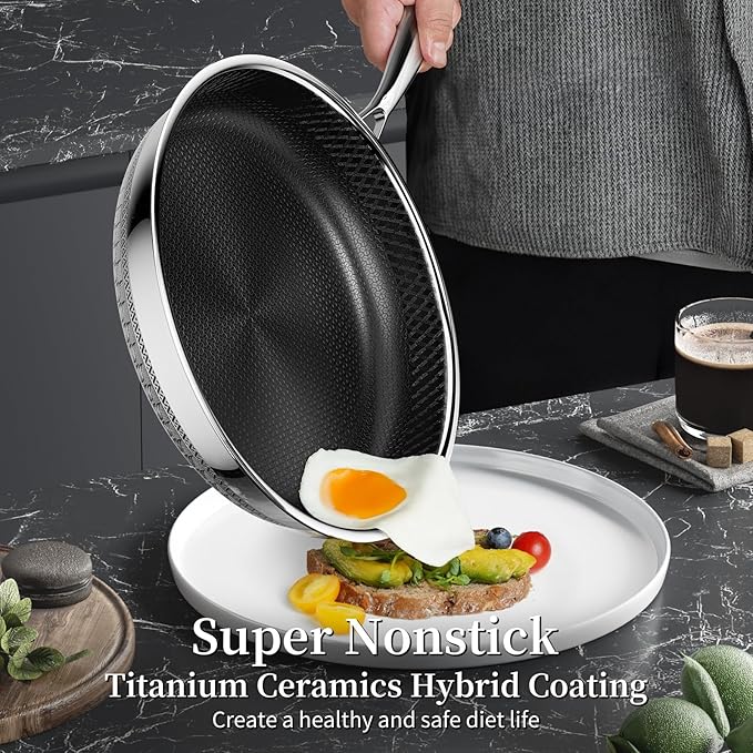 Non Stick Frying Pan with Lid, 12 Inch Ceramic Hybrid Tri-Ply Stainless Steel Frying Pans Nonstick W/Lid, Large Induction Skillet Frying Pans for Cooking, Metal Utensil Safe, PFAS/PFOA/PTFE Free