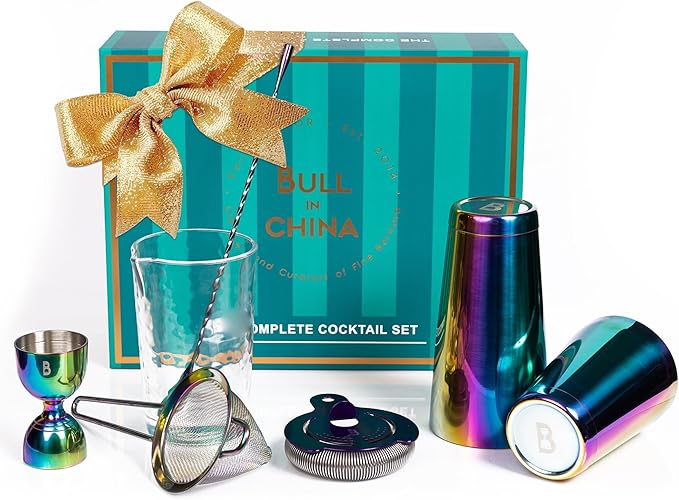 Shaken & Stirred Cocktail Set by Bull in China - Premium Bartender Gift Set w 2 Piece Weighted Shaker, Hammered Jigger, Hawthorne Strainer, Fine Mesh Strainer, Mixing Glass & Barspoon (Rainbow Chrome)