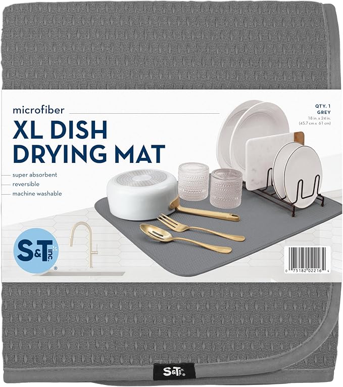 S&T INC. Dish Drying Mat XL, 18” x 24”, Absorbent Microfiber Kitchen Counter Mat, Drying Pad for Dishes, Utensils, Pots and Pans, Extra Large, Diamond Texture, Grey