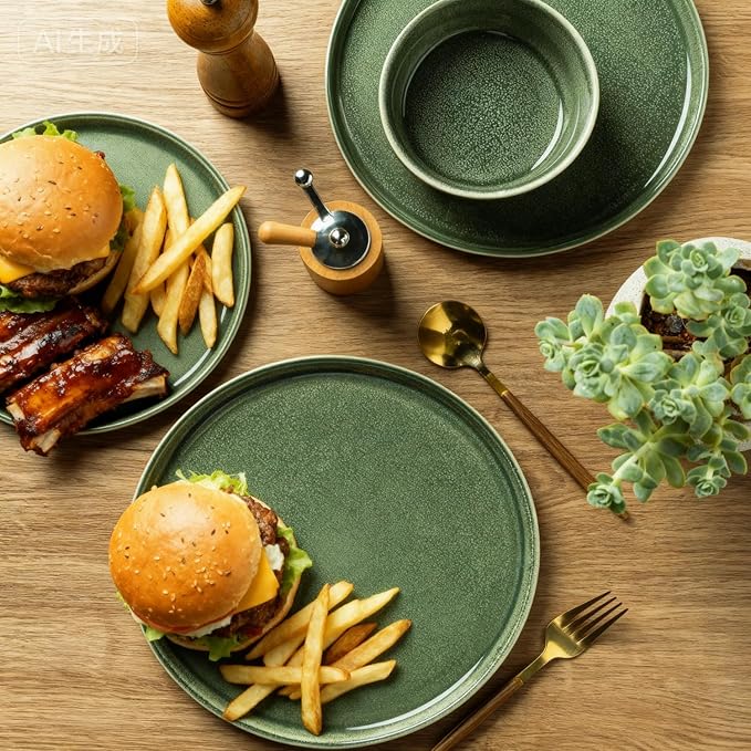 AmorArc Stoneware Dinnerware Sets,Round Reactive Glaze Ceramic Plates and Bowls Set,Highly Scratch Resistant | Dishwasher & Microwave Safe Dishes,Service for 6 (18pc) Jade Green