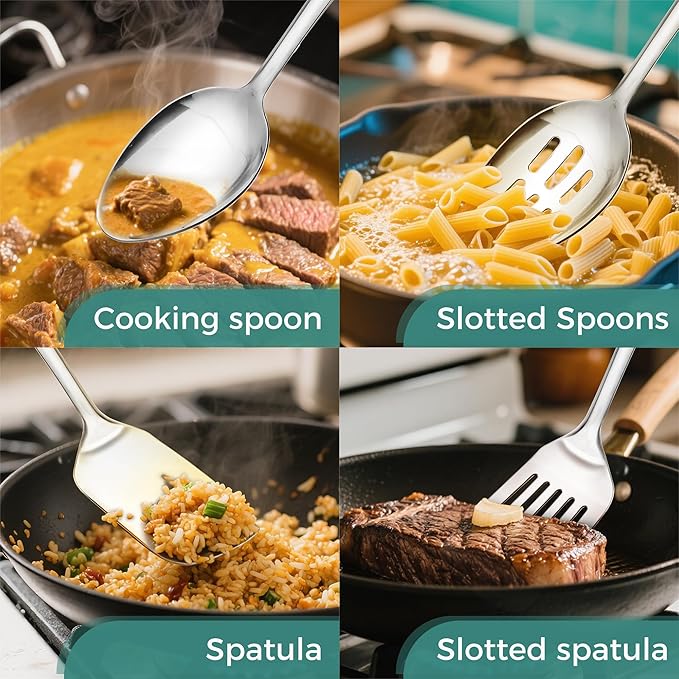 12-in Serving Spoons & Spatula Set, 18/0 Stainless Steel Cooking Utensil for Kitchen Buffet Home Hotel Restaurant