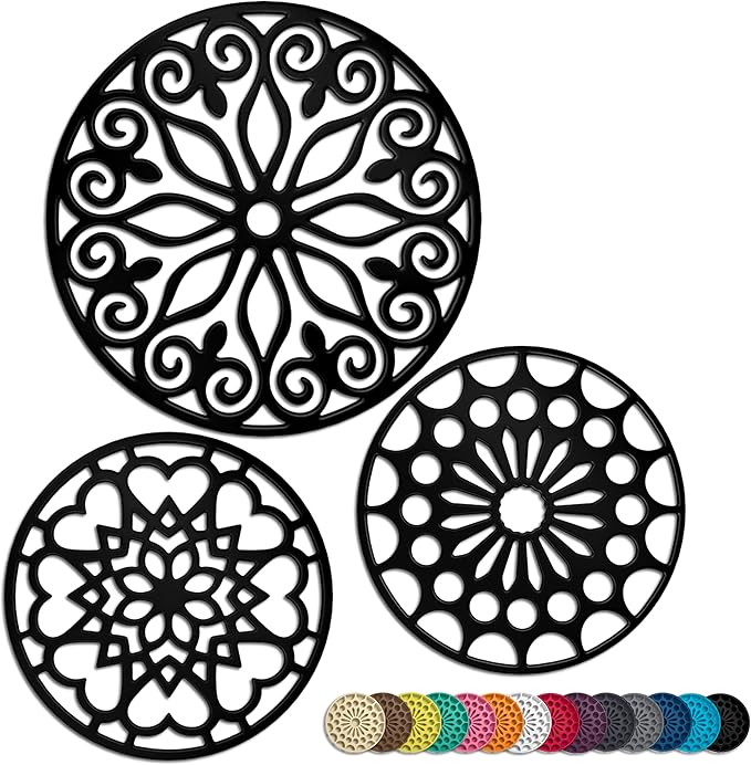 3 Set Silicone Trivet Mats with 1 Extra Large Included | Intricately Carved Insulated Flexible Durable Non Slip Thick Round Premium Trivets for Hot pots and Pans | Black