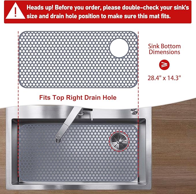 Silicone Sink Protectors for Kitchen Sink - 28.4"x 14.3" Kitchen Protector Accessory, Non-Slip Heat Resistant Mat for Bottom of Farmhouse Porcelain Stainless Steel (Top Right Drain Hole,Gray)