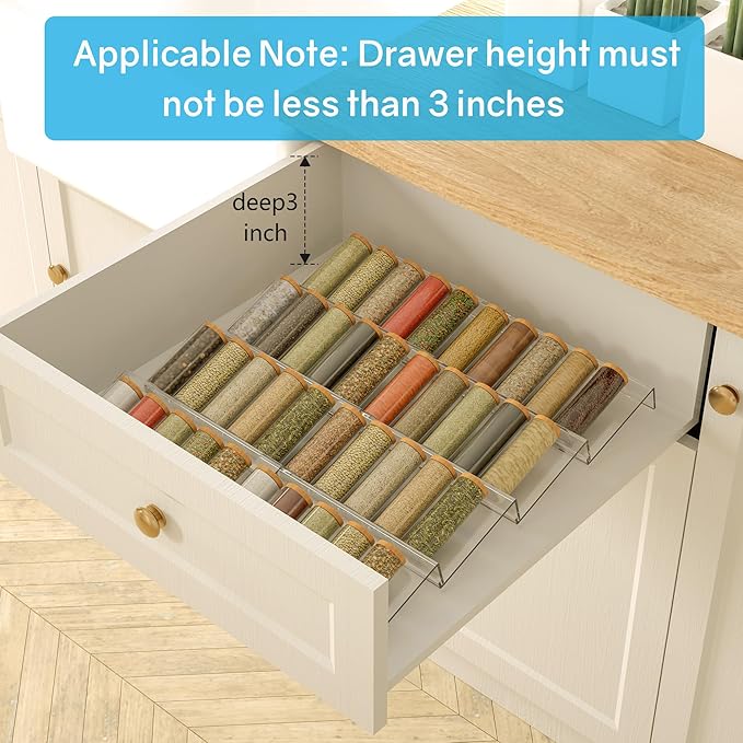 Expandable Acrylic Spice Drawer Organizer – 4-Tier Clear Seasoning Rack Insert for Kitchen Drawers, Adjustable from 9" to 18", Fits Most Spice Jars (Jars Not Included) 4-Pack