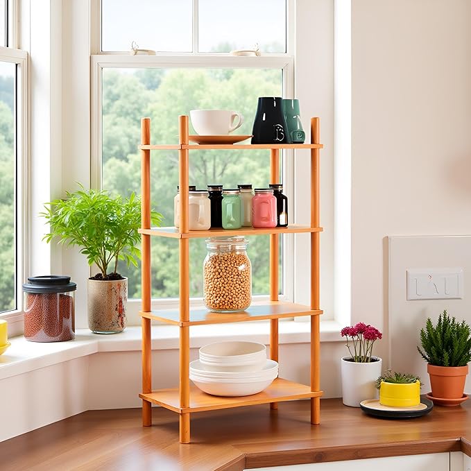 Bamboo Rack | Tool-Free Expandable (2-6 Tiers) | Kitchen Spice Organizer & Office Breakroom Snack/Cup Storage (Natural Bamboo)(Powered by Gogogo) (Nature, 15.6" W(4 Tier))