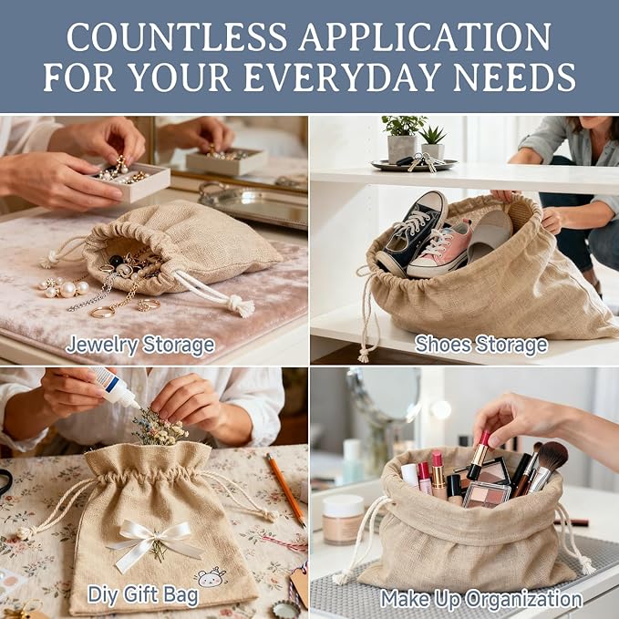 Simple&Opulence 6-Pack 14” x 17” Linen Cotton Drawstring Bags Reusable Grocery Sacks, DIY Craft Sachet Sacks Storage Cloth Bags for Party Wedding Home Bulk Produce Bags, Washable, Natual Linen