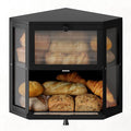 WOWLIVE Corner Bread Box for Kitchen Countertop, Double Layer Bamboo Bread Storage Container, Large Farmhouse Bread box with Acrylic Wavy Door Panel, Under Cabinet Organizer (Black, Medium)