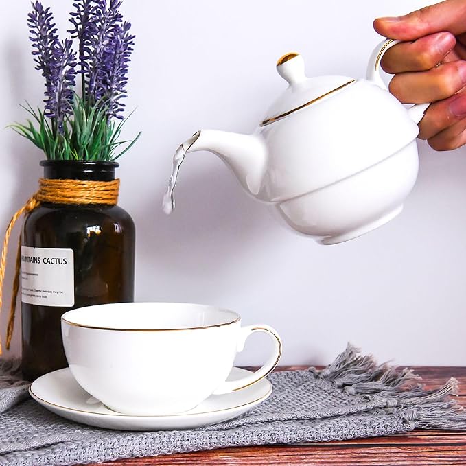 YBK Tech Ceramic Tea for One Set, 12oz Teapot and 8.2oz Cup with Saucer (White)