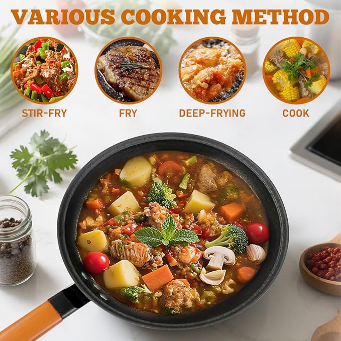 Nonstick Frying Wok Pan Hybrid, 10 Inch Preseasoned Deep Stir Fry Pan Skillet with Glass Lid, Traditional Chinese Cast Iron Wok, No Coated Saucepan for Induction, Electric, Gas, Grill Stoves