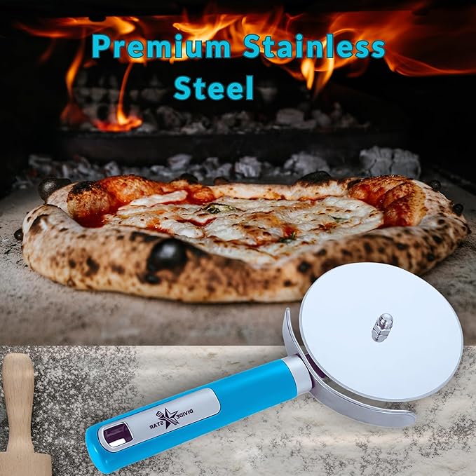 Pizza Cutter Wheel 4” – Sharp Stainless Steel Blade for Effortless Slicing – Ergonomic Grip, Dishwasher Safe – Professional Pizza Slicer for Thick Crust, Flatbreads, Dough – DIVIDESTAR (Blue)