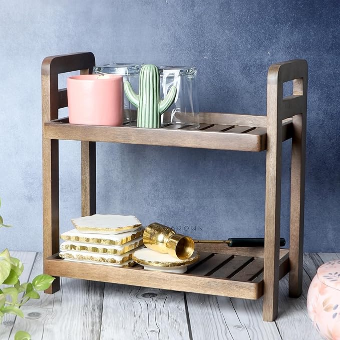 Brick Brown Premium Cocoa Kitchen Wooden Organizer 2-Tiered Serving Stand| Display Snacks, Fruits & Desserts | Kitchen & Dining Organizer in Mahogany Finish (Self Assembly)