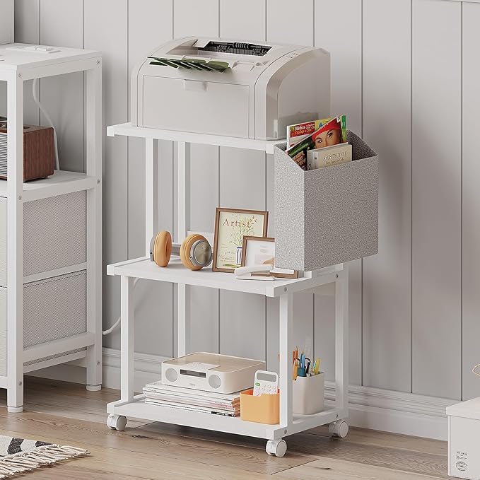 Ostreeful 3 Tier Printer Stand Printer Mobile Wooden Printer Shelf Table Organizer for Home Office Kitchen (Modern White)