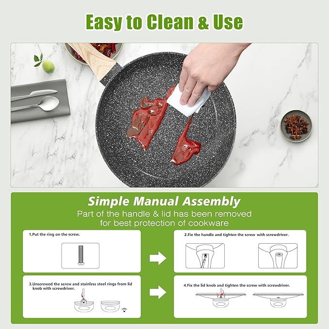 VOTTGO 19 Pcs Pots and Pans Set Non Stick, Black Granite Induction Cookware Set, Non Toxic Healthy RV Kitchen Cooking Set with Silicone Tools and Pot Protectors, PFOA PFOS PFAS Free