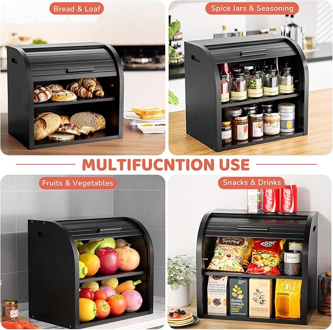 G.a HOMEFAVOR Bread Box: Large 2-Tier Bamboo Roll Top Bread Storage Container for Kitchen Counter, Bread Holder Food Bin for Countertop, Self-Assembly, Black