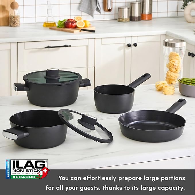 Karaca Swiss Crystal Ceramic Midnight Cookware Set - Non Stick Pots and Pans Set with Lid - PFAS-Free, Dishwasher Safe, Induction Hob Compatible Cookware, Black, 6 Piece