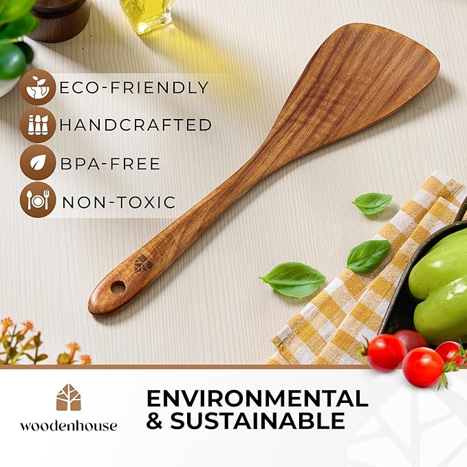 Wooden Spatula for Cooking, 12 Inch - Easy to Clean, Long-Lasting & Sturdy Natural Acacia Wood Spatula for Cooking - Wooden Spatulas with Comfortable Handle, Perfect for Flipping, Turning & Frying