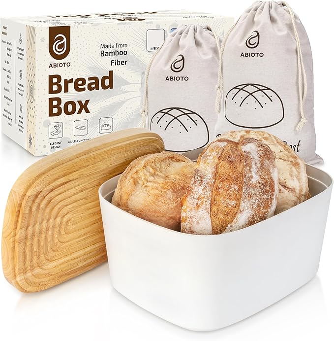Extra Large Bread Box for Kitchen Countertop with 2 Bread Bags - Sturdy Modern Construction, Ribbed Design Keeps Bread Fresh Longer - Large Sourdough Bread Box with Cutting Board Lid (White)