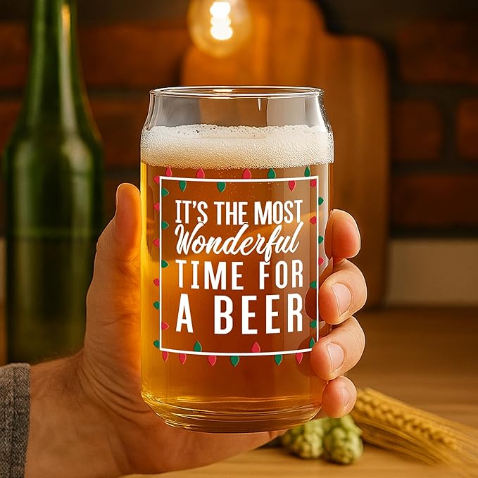On The Rox Most Wonderful Time for a Beer- Red, Green and White- 16 Ounce Glass- Ideal for Men and Women - Funny Glass (Most Wonderful)