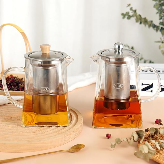 CNGLASS Glass Teapot with Infuser,31oz Clear Glass Tea Kettle with Removable Stainless Steel Strainer,Stovetop Safe Glass Teapot for Blooming and Loose Leaf Tea…