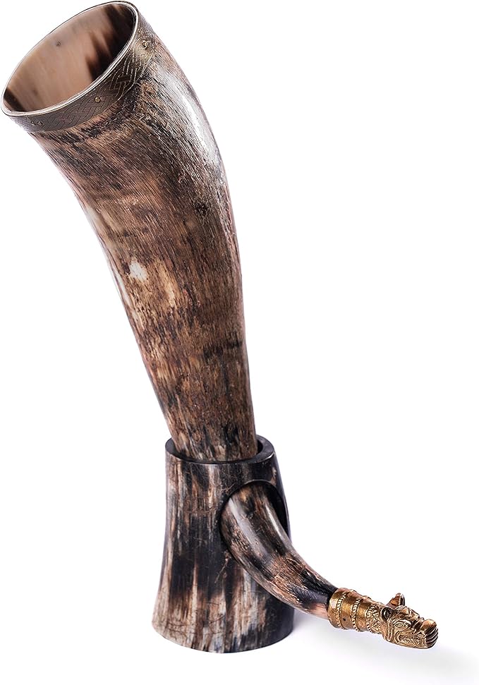 Norse Tradesman Genuine 20" Ox-Horn Viking Drinking Horn with Antique Brass Rim & Wolf Tip, Fitted Stand & Burlap Gift Sack - The Fenrir, 20-Inches, Low Polish