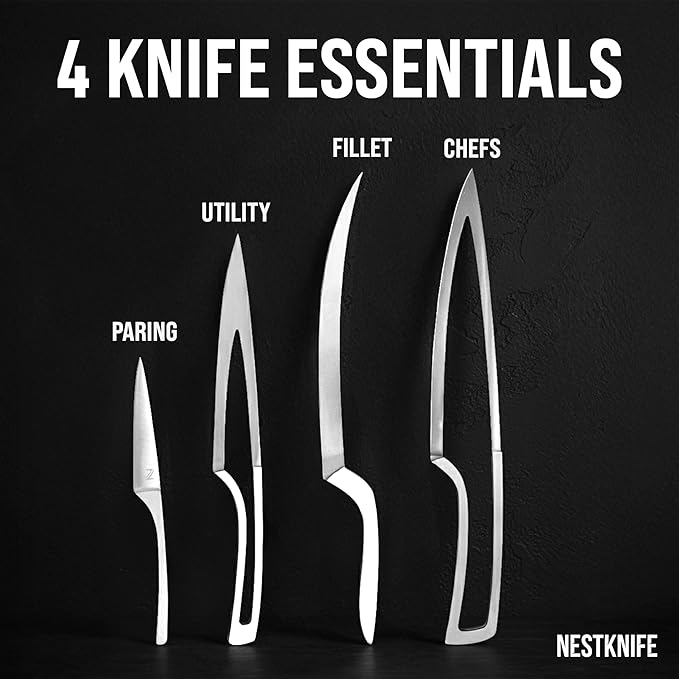 Kitchen Knife Set Stainless Steel, Chef Knife Set of 4 Pieces, Space Saving Ergonomic Design of Chef's Knives, Modern Stainless Steel Knives, Aesthetic Kitchen Essential, NestKnife Patented Technology
