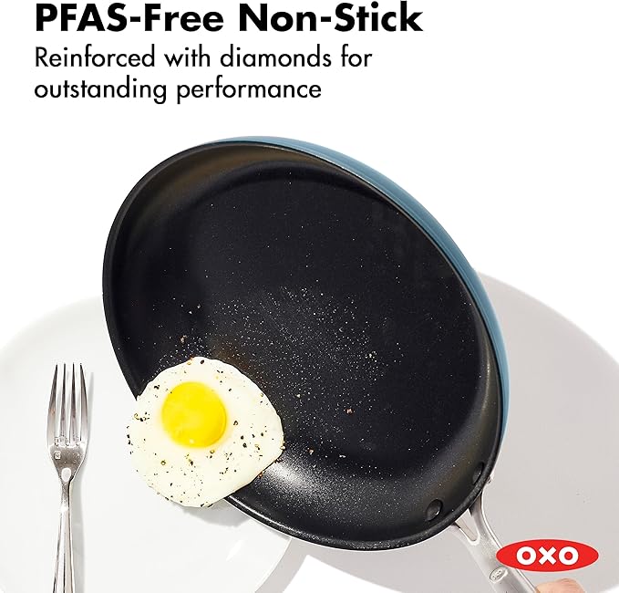 OXO Enhanced Hard Anodized Nonstick 12-Inch Frying Pan, Dishwasher Safe, PFAS-Free Ceramic Skillet, Oven & Broiler Safe to 600°F, Durable Kitchen Cookware, Stainless Steel Handle, Storm Blue