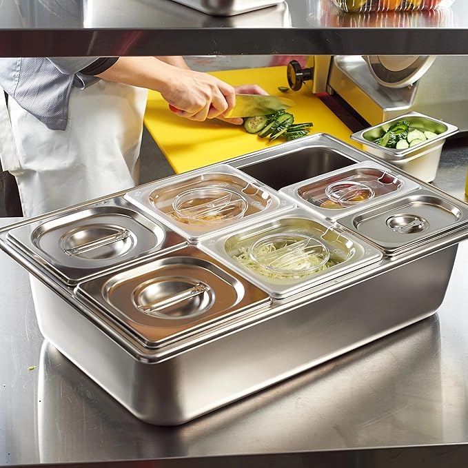 HECMAC Ice Chilled Condiment Serving Container (7 Pan), 2 Types of Lids, Drain Tray, 23 Gauge Anti-Jam Food Pan Commercial Heavy Duty Spice Rack Set, for Kitchen Buffet Catering