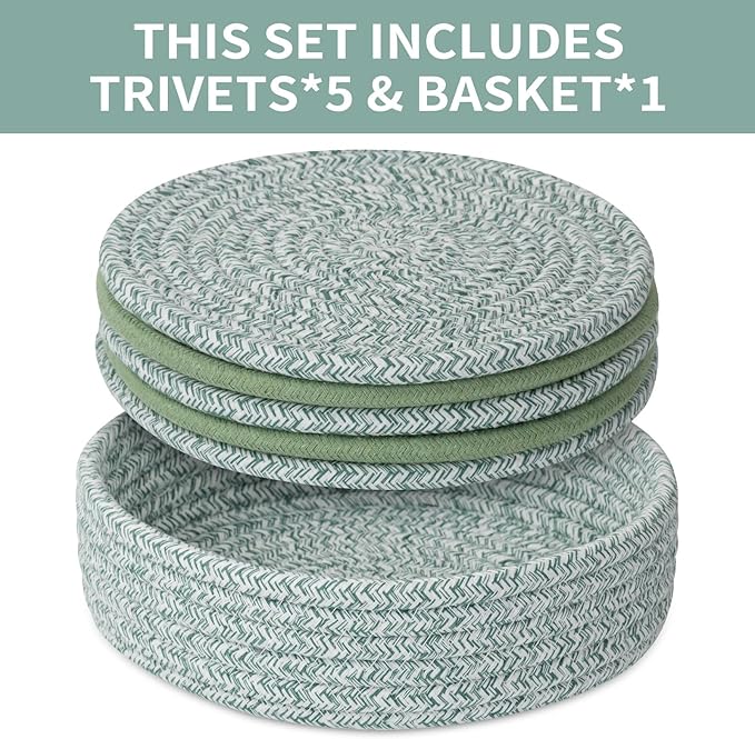 Trivets for Hot Dishes, Pots and Pans, Heat Resistant Hot Pads with Storage Basket, Pot Holders for Kitchen Countertop, Trivet Mats Home Essentials Farmhouse Decor (Green 5 Pcs)