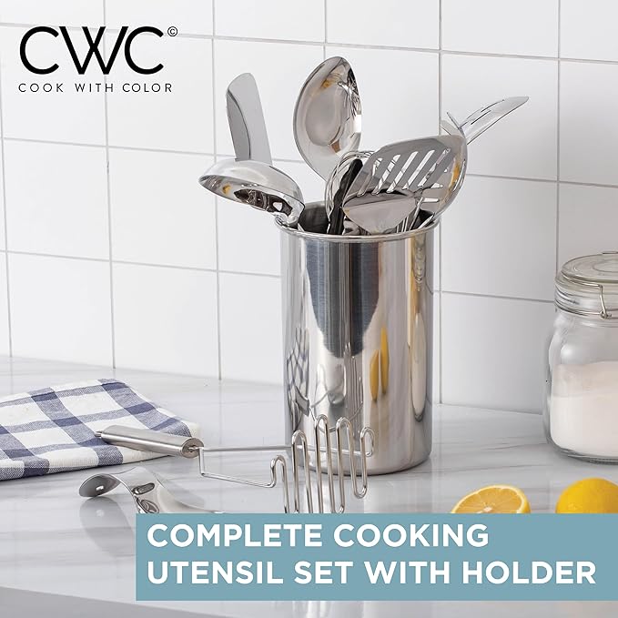 COOK WITH COLOR Kitchen Utensil Set - 10-piece premium Nonstick & Heat Resistant Kitchen Gadgets, Turner, Spaghetti Server, Serving Spoons, Whisk, Tongs, Masher & Utensil Holder, Stainless Steel