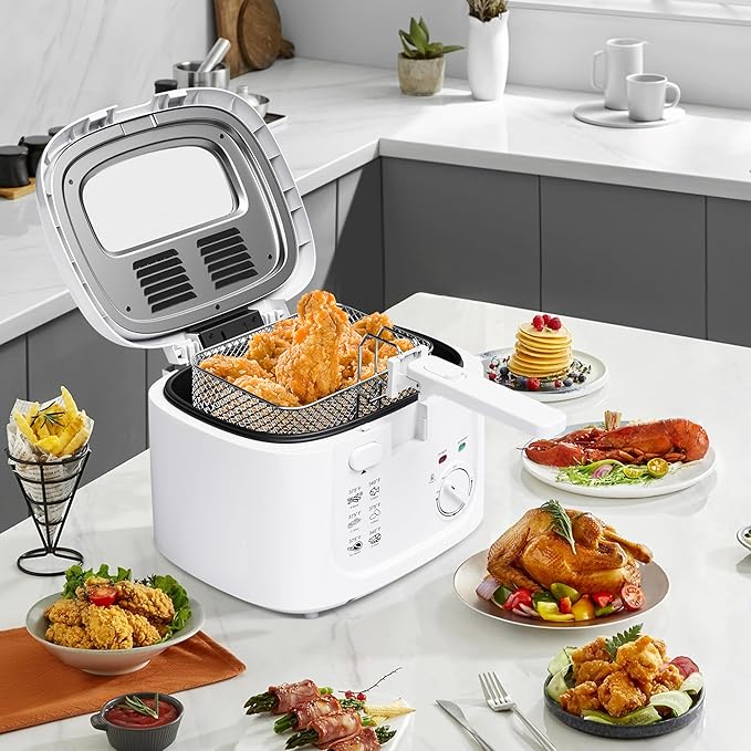 1500W Electric Deep Fryer with Adjustable Temperature Control, 2.5L Non-Stick Basket & Viewing Window, Folding Handle and Locking Cover for Easy Storage, White