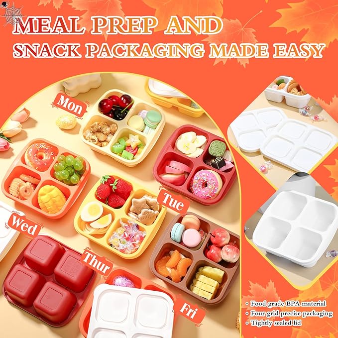 Honeydak 10 Pack Snack Container 4 Compartment Reusable Bento Snack Boxes Divided Lunchable Containers with Lids Meal Prep Lunch Food Storage Boxes for School Work Travel(Thanksgiving Color)