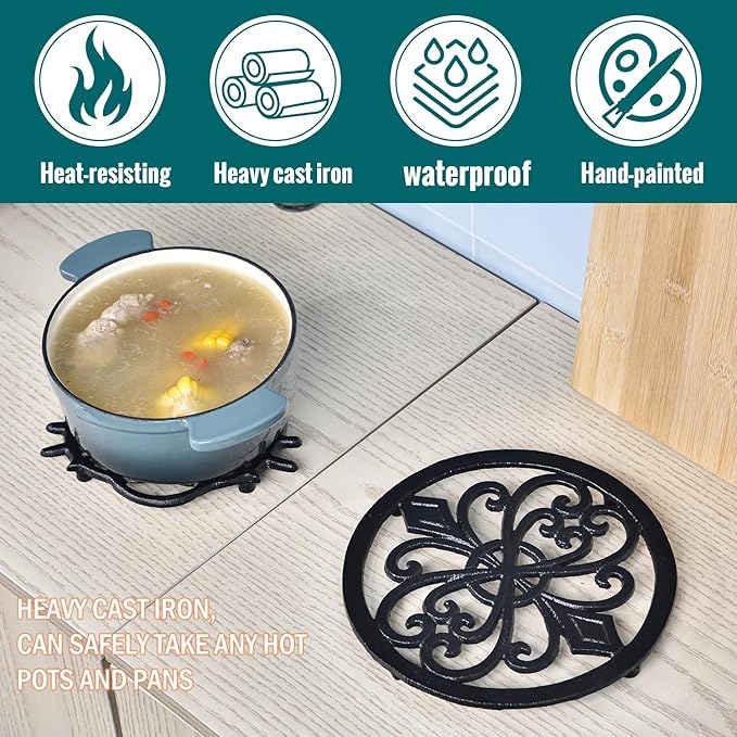 Sungmor Heavy Duty Cast Iron Round Metal Trivet,Rustproof Black Racks Stands Holders for Hot Pans or Teapot,Kitchen or Dinning Table Decorations
