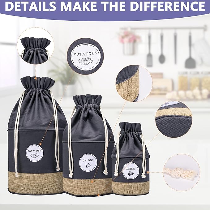 Meraki Home Potato Onion Garlic Storage Containers - Farmhouse Kitchen Storage Organization Pots - Sustainable Jute Cotton Vegetable Baskets Bins - Drawstring Holder (Grey)