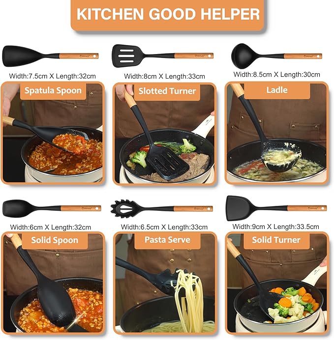 Large Silicone Kitchen Utensils Set, 6 PCS Nonstick Cooking Utensils Set with Wooden Handle, Heat Resistant and BPA Free Silicone Utensil Spatula Set for Cooking with Turner, Spoon and Ladle(Black)