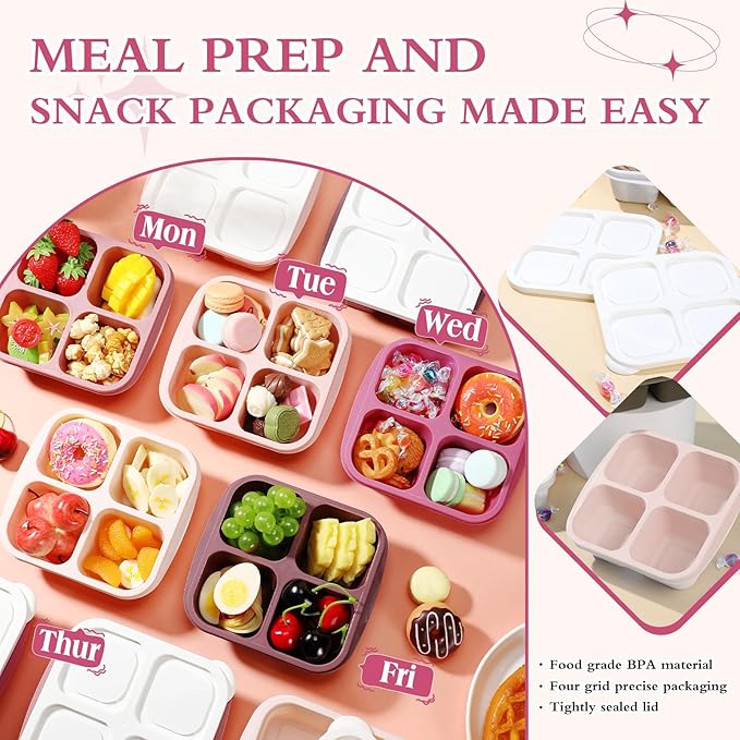Honeydak 10 Pack Snack Containers 4 Compartment Bento Snack Boxes Reusable Lunchable Containers with Lids Divided Meal Lunch Food Storage Box for School Work Travel