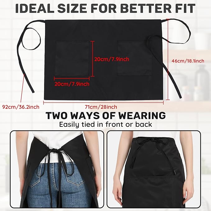 3 Pack Waist Apron with 3 Pockets, Unisex Black Waiter Aprons, Water Resistant Server Aprons for Restaurant Chef Bar
