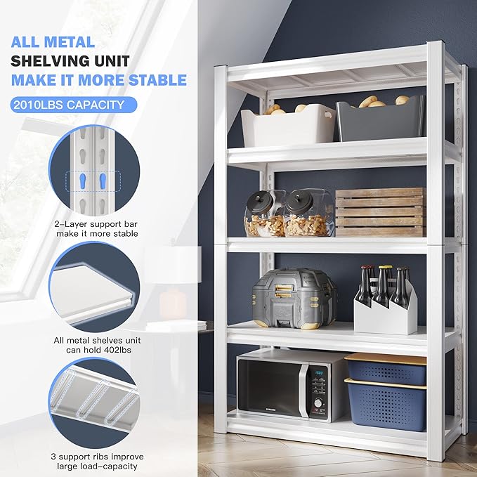 Raybee Garage Shelving, 63" H Storage Shelves, 2010LBS Metal Shelving, Adjustable Metal Shelves for Storage Kitchen Pantry 63" H x 32.1" W x16.6 D