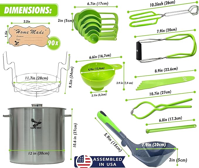 Supa Ant 20 Qt. Stainless Steel Water Bath Canning Pot with Canning Supplies Starter Kit - Food Grade Canning Ladle, Measuring Cups,Funnel,Tongs,Jar Lifter& Wrench,Lid Lifter,Bubble Popper, 90x Labels