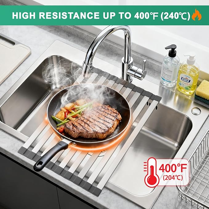 21.6" X 13" Roll Up Dish Drying Rack，Over The Sink Drying Rack 304 Stainless Steel Foldable Heat-Resistant Dishes Drainer for Kitchen and RV Sink Counter