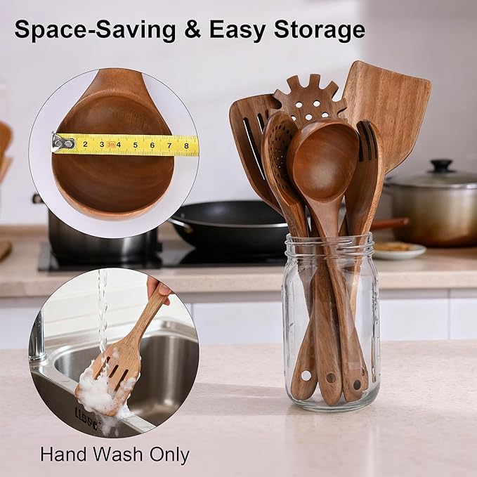 Wooden Spoons for Cooking,6PCS Teak Wood Cookware Utensil Set,Lightweight,Durable and Heat-Resistant – Easy to Clean, Perfect for Non-Stick Cookware