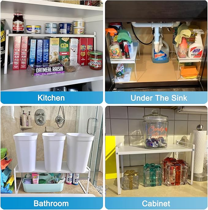 9'' Wide Expandable Cabinet Shelf Organizer Rack Adjustable Length 14''-26'' Pantry Shelf Spice Rack Heavy Duty Nonslip Kitchen Counter Storage Shelves Pantry Cupboard Under Sink Countertop, White