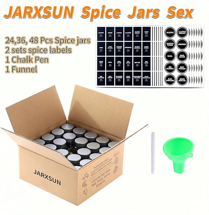 36 Glass Storage Jars- Spice Jars with Label-4oz Spice Containers with Shaker Lids，Silvery Lids,3 Sets of Spice Labels for Spice Rack, (36)